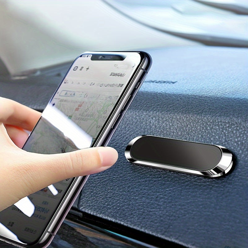 Durable magnetic car phone holder with sleek black aluminum alloy dashboard mount and mini slotted strip design for secure grip.