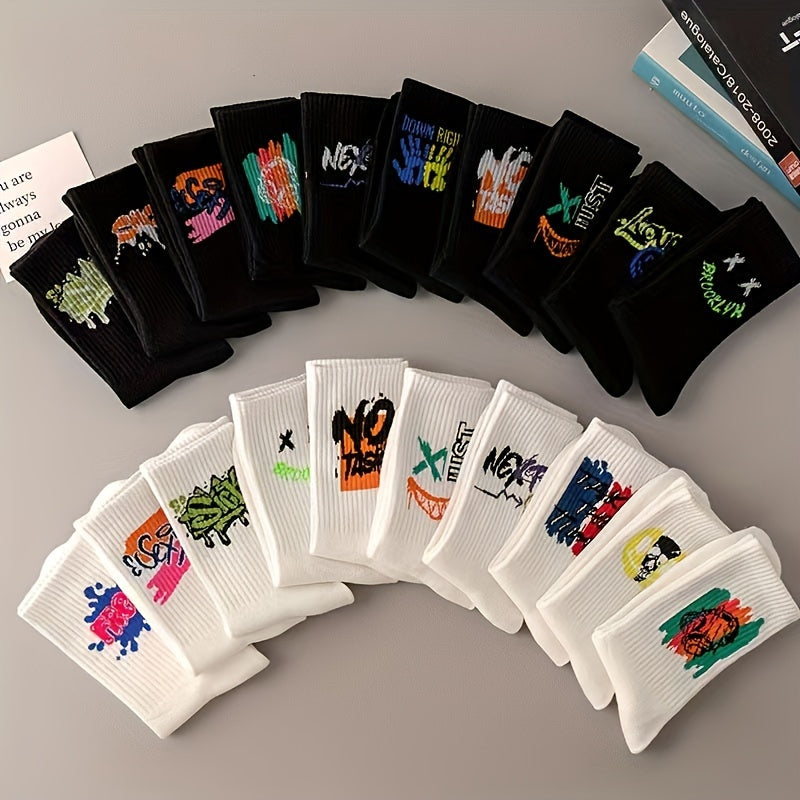 Five pairs of black and white graffiti mid-calf sports socks for men and women.