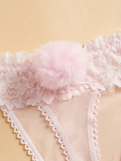 Sexy lace panties for women with removable pom-pom, cute bunny girl cosplay bunny tail, solid color, adult tri-shorts, mid-waist height, made of polyester.