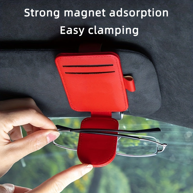 Car Sunglass Holder with Magnetic Attachment, Faux Leather Sunglass Clip for Car Visor with Storage for Glasses and Cards