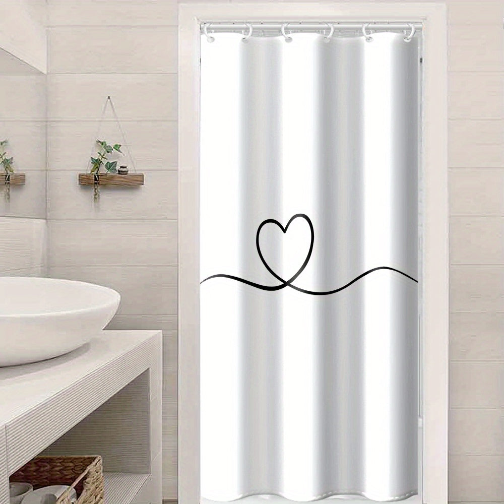 Heart pattern shower curtain set, 180x180cm, water-resistant polyester, machine washable with plastic hooks, all-season arts theme bathroom decor for home and hotel.