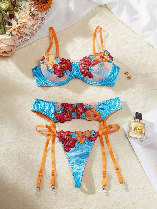 Women's sexy lingerie set with color block floral embroidery, semi sheer mesh bra, V-string thong, and garter belt.