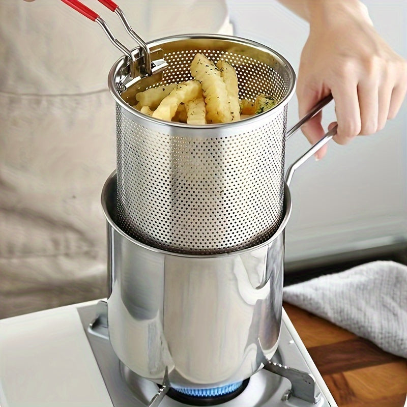 1.2L stainless-steel deep fryer pot with strainer basket and long handle.