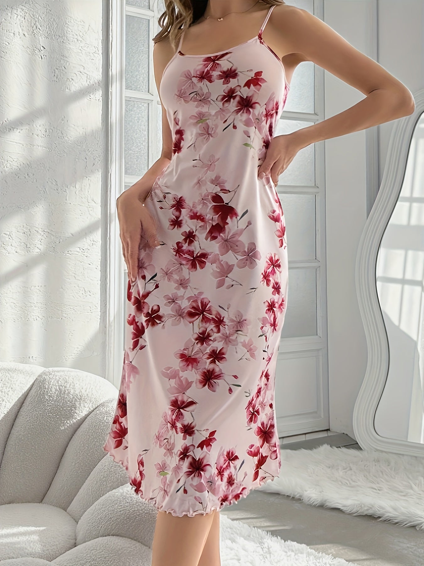 Floral print slip nightdress with lettuce trim, backless design, perfect for lounging and sleeping.