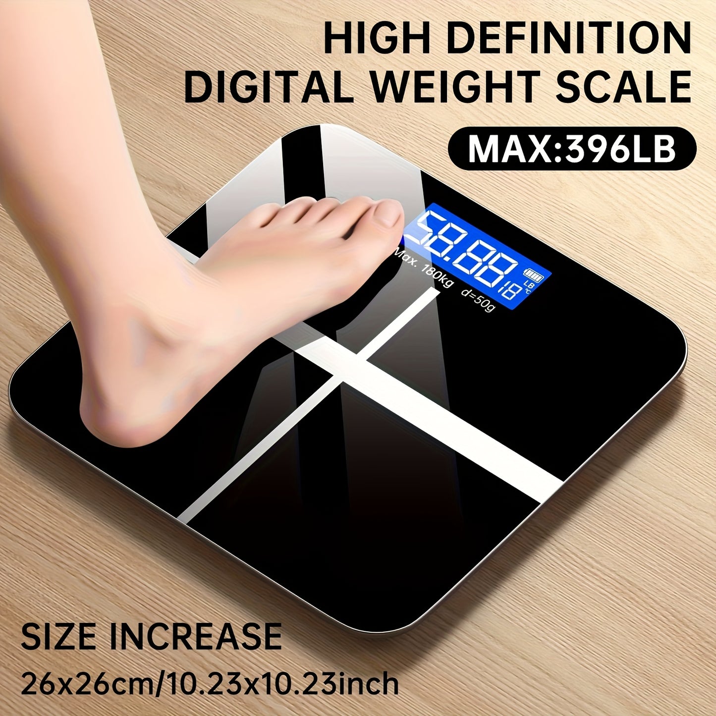 HD Digital Weight Scale with 179.62KG capacity and LED display. Includes non-rechargeable AAA battery and switchable KG/Pound feature. Plastic construction with ultra-wide platform. Battery