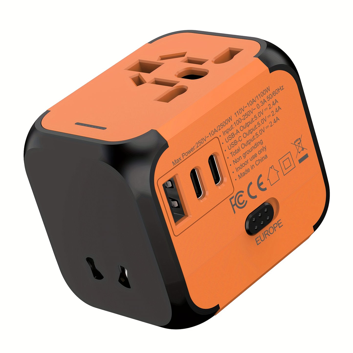 A 2500W Global Travel Charger with International Conversion Plug, perfect for business trips. Available in blue, orange, black, and white. Compatible with US, Australia, UK, and EU outlets.