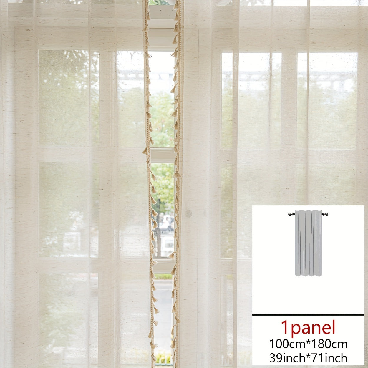 Single Bohemian Lace Curtain with Rod Design, Crafted from Solid Color Linen for Both Light and Privacy, Comes in Natural Wood Color, Sold Individually.