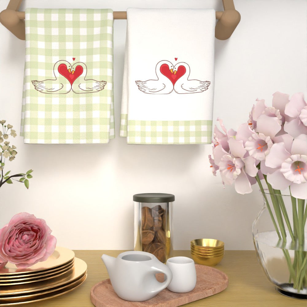 Two pieces of Valentine's Day kitchen towels made of soft, quick-dry polyester material measuring 45.72x66.04cm. Featuring a lovely heart and swans design in vibrant colors, these towels are perfect for use in the home, parties, and outdoor settings.