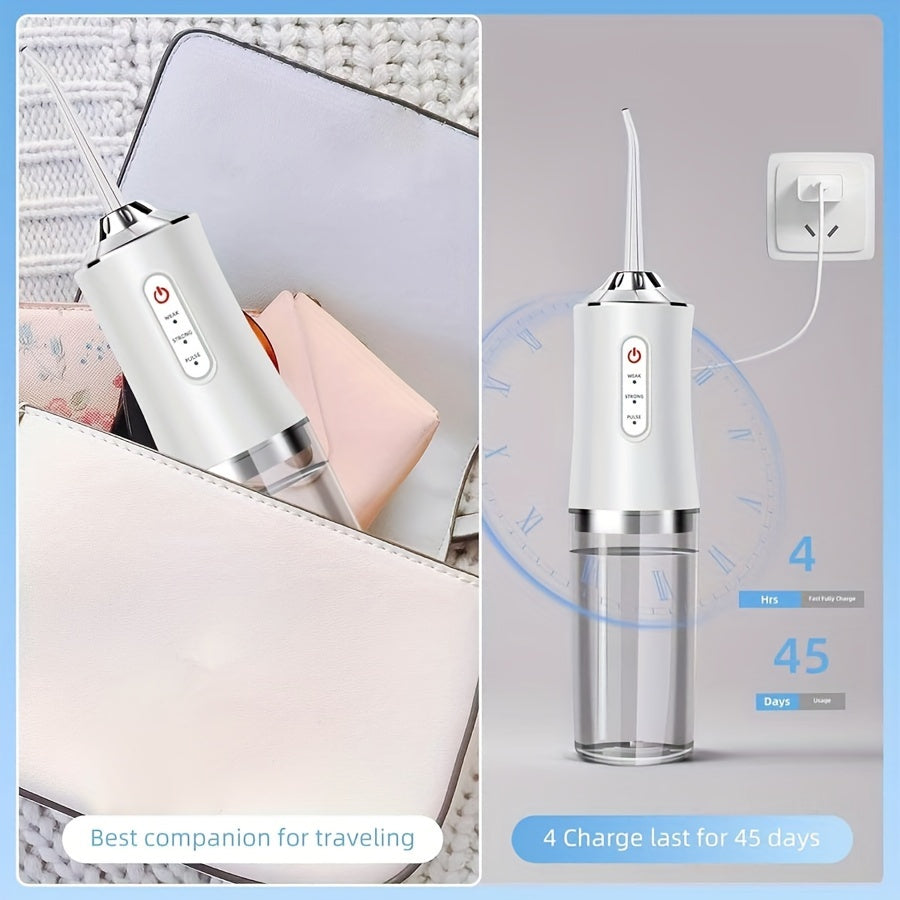 Portable rechargeable water flosser with 3 modes and 4 nozzle functions for dental hygiene on-the-go.