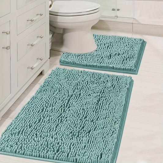 Set of 2 Chenille Bathroom Mats: U-shaped and rectangle, shaggy plush design for water absorption and anti-slip protection.