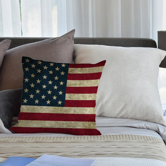 Vintage American Flag Pillow Cover made of 100% Linen for a square cushion case. This decorative throw pillowcase is perfect for your sofa, armchair, or living room. Hand wash only with zipper closure. Fits standard pillows (Pillow insert not included).