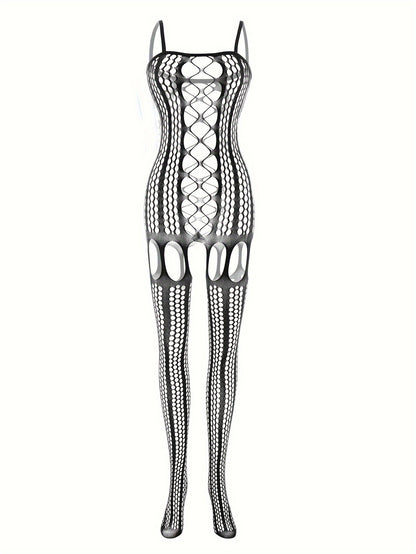 Chic black fishnet bodysuit with hollow out design, see-through cover-up, high stretch nylon/elastane blend. Hand washable, ideal for music festivals and beachwear.