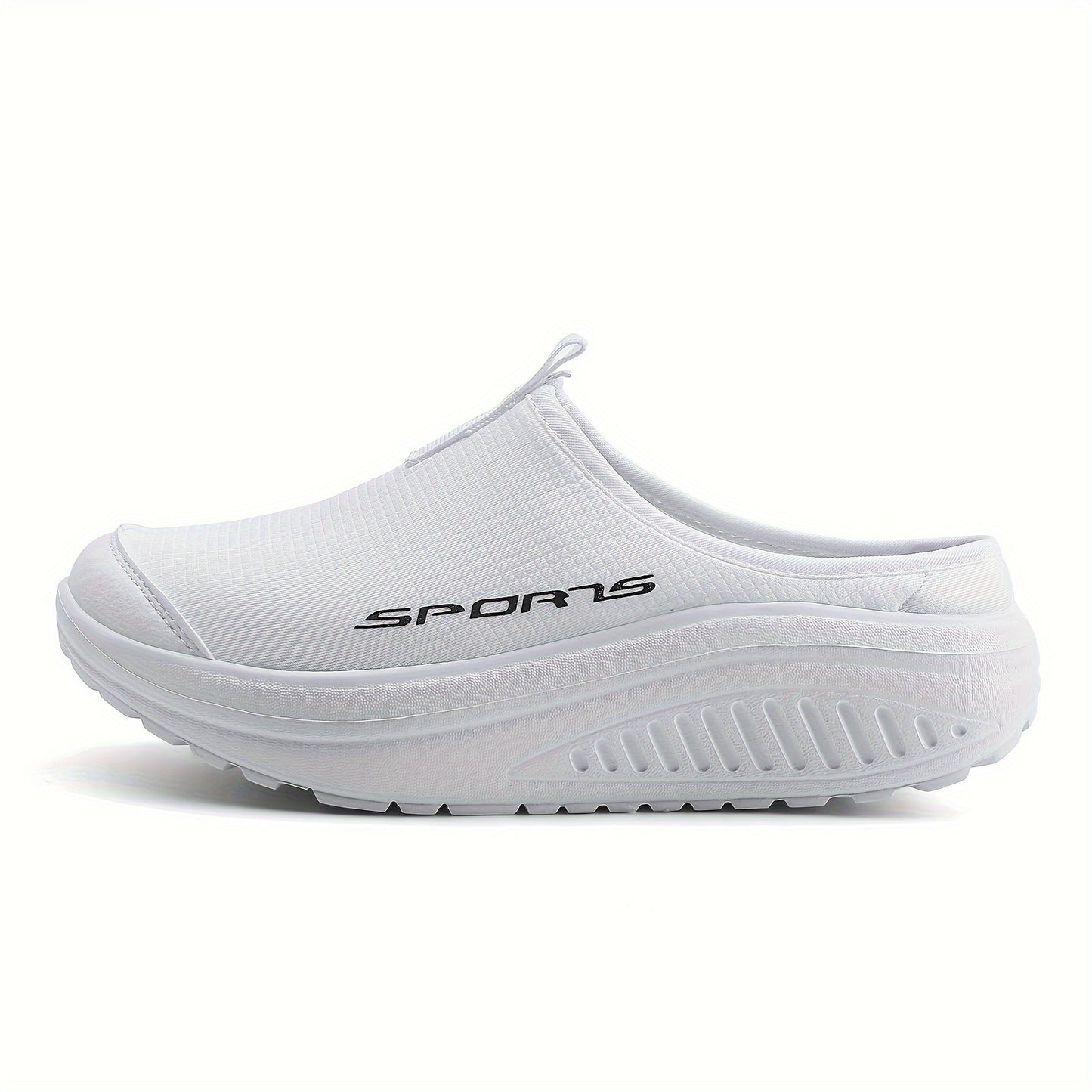 Breathable knit slip-on sneakers with a comfortable EVA rocker sole, beige with sporty logo, suitable for all seasons. Casual low-top design. Durable footwear and shoe accessories.