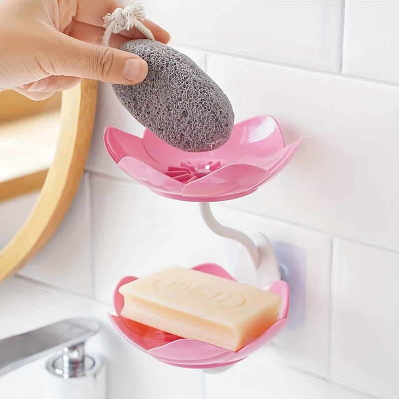 Double-layer wall-mounted soap dish with floral design, suitable for bathroom and laundry room, no drilling required, self-draining feature.