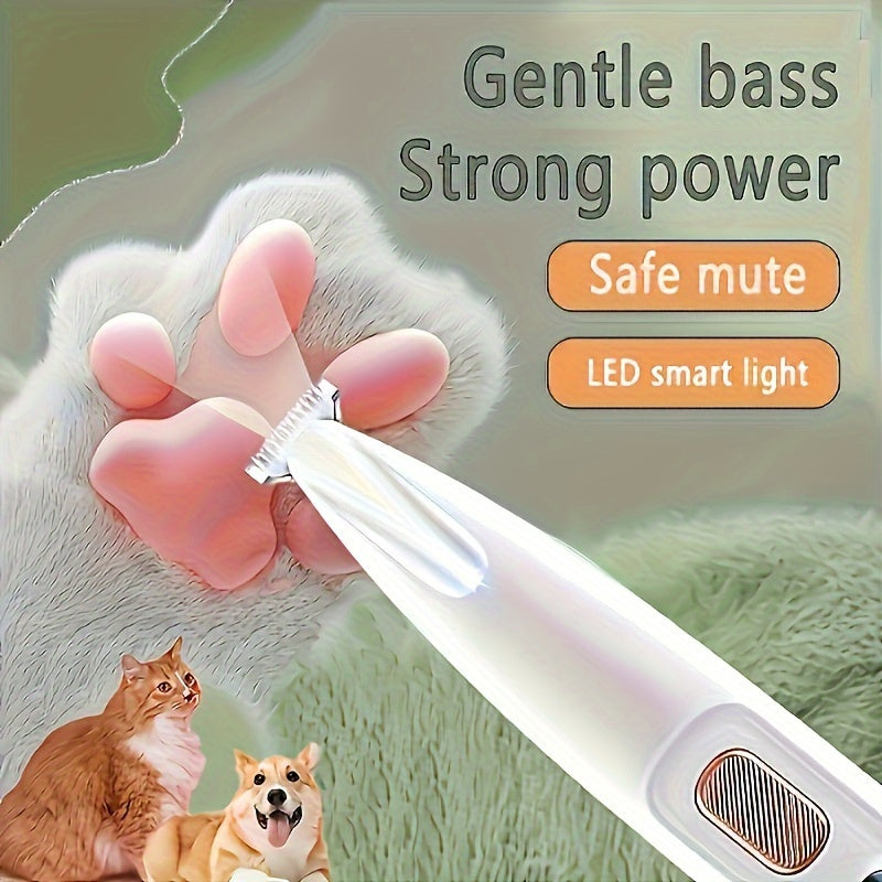 Cordless pet hair trimmer with LED lights, USB rechargeable, easy to use for dogs and cats, professional quality.