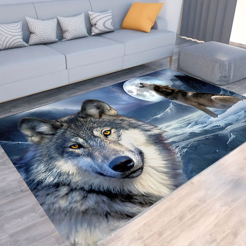 Decorate your home with this stunning 1-piece 3D snow wolf print rug, featuring a psychedelic motif design. This washable soft floor mat is perfect for any room in your home, including the living room, bedroom, bathroom, kitchen, laundry room, office