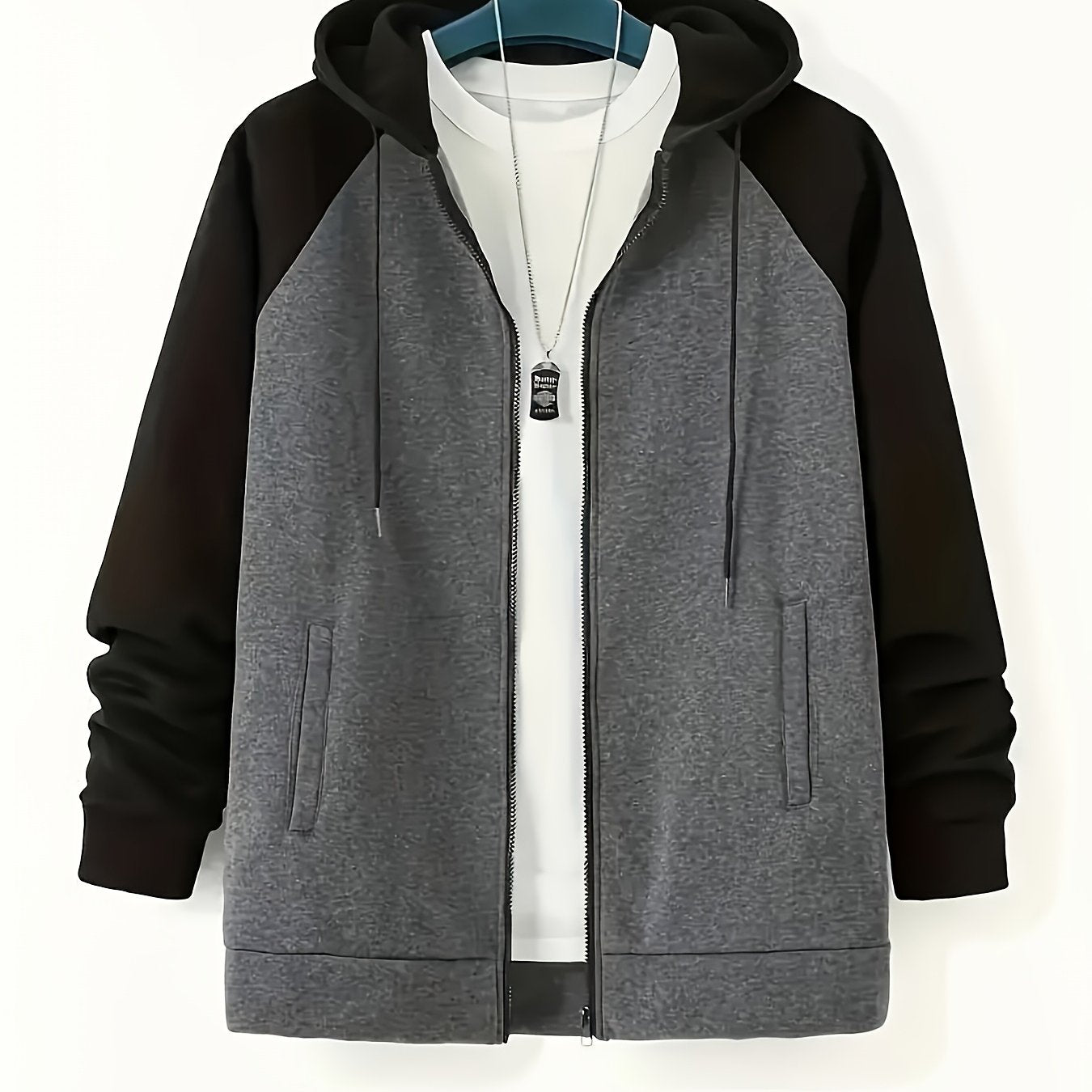 New men's jacket for plus size men with contrast color zipper, plus velvet sweatshirt with hood.