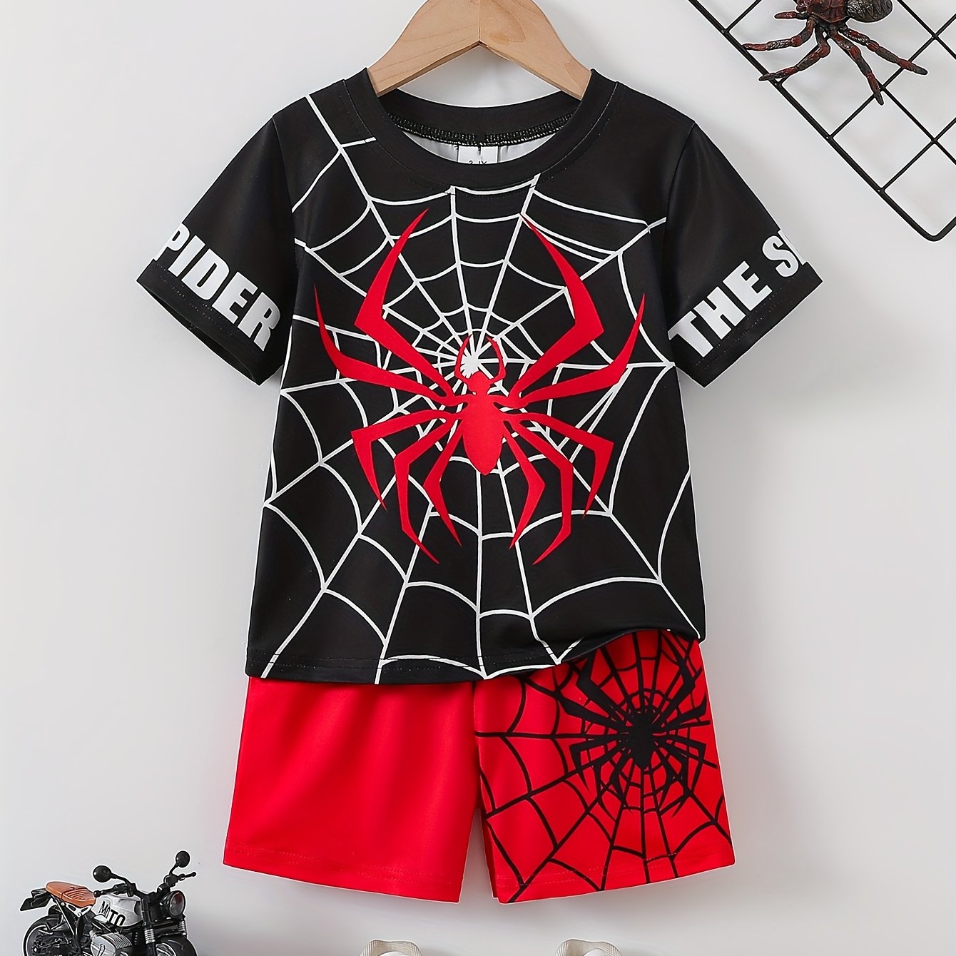 Boys Spider Graphic Print T-shirt & Shorts Set for summer comfort.