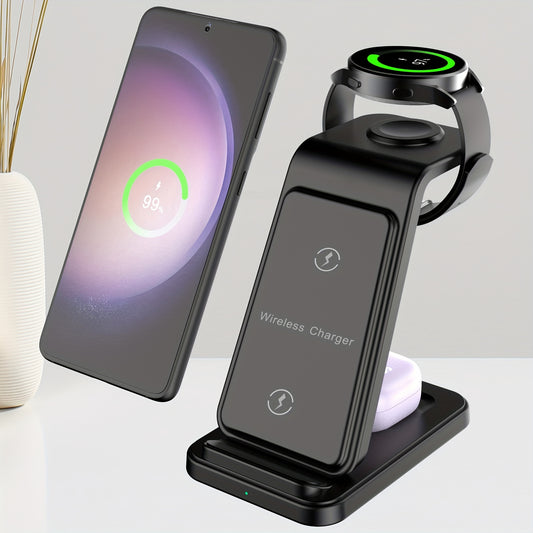 Wireless charging station for Samsung devices, Galaxy Watch, and Galaxy Buds.