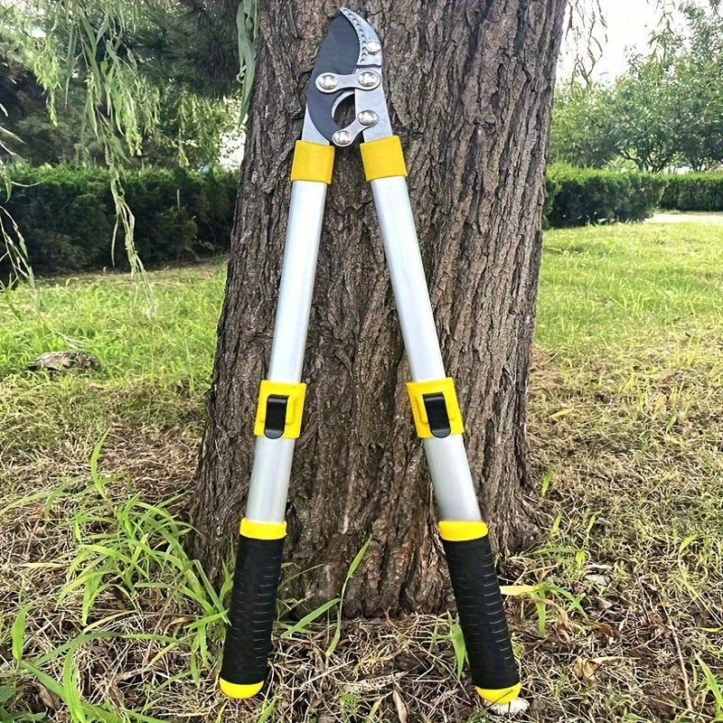 Professional telescopic bypass pruning shears with metal body and ergonomic handle for fruit tree branches, gardening clippers, extendable lopper cutter tool.