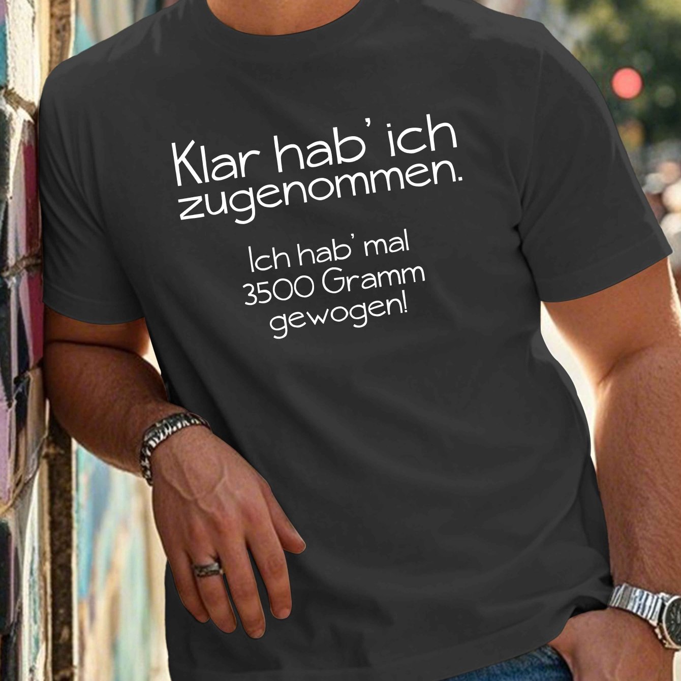 Men's 100% Polyester Crew Neck Tee in Geometric Pattern with German Quote, Regular Fit, PLUS SIZE