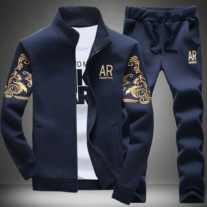 Men's casual 2-piece outfit with fashion printed full zip jacket and drawstring pants for a breathable, comfy sports set.