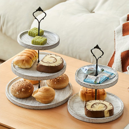 YumiPLUS Rustic Wooden Cake Stand with Iron Accents for Events and Cake Decorating.