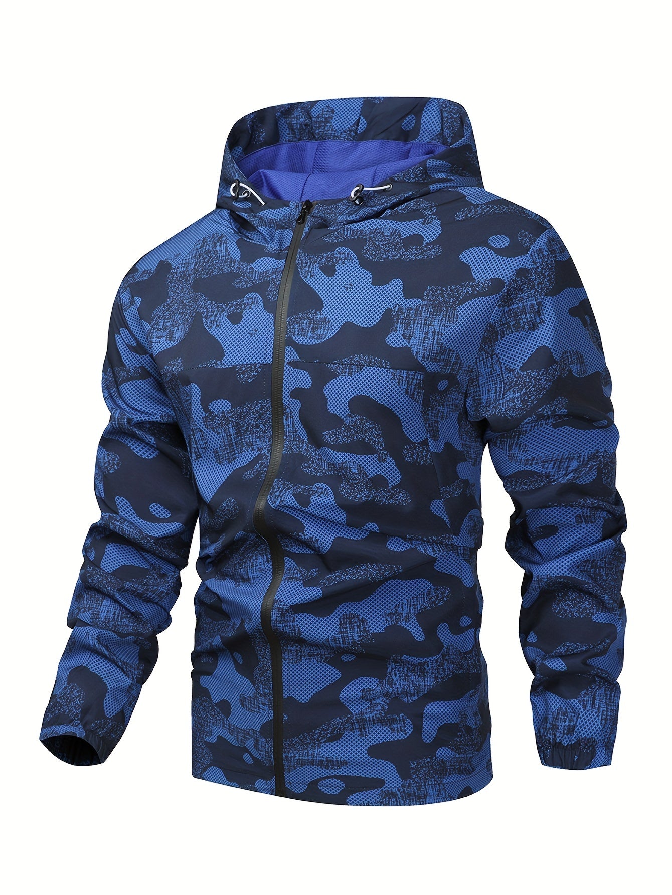 Men's casual 2-piece outfit, featuring a camouflage print hooded jacket with drawstring pants, paired with a zip-up hoodie and breathable comfy pants.