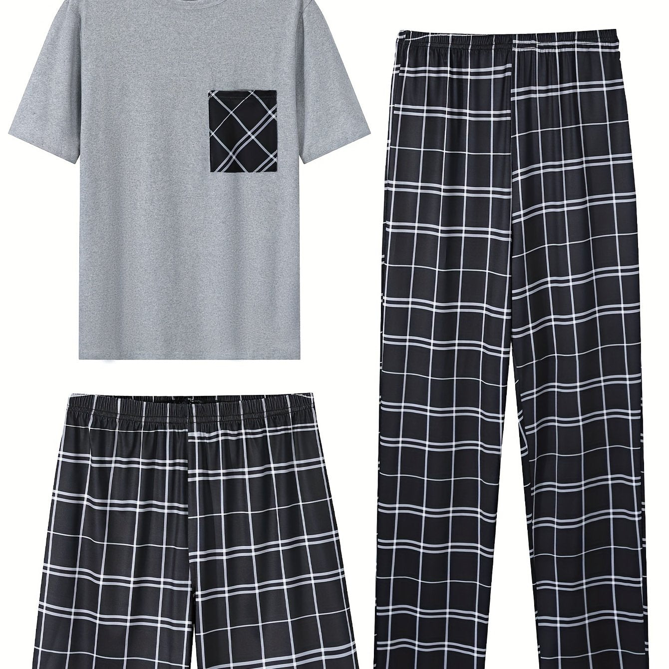 3-piece Plaid Pajama Set, short sleeve crew neck top with pocket, 100% knit polyester, all-season comfort, regular fit bottoms, medium stretch, no belt, 180gsm.