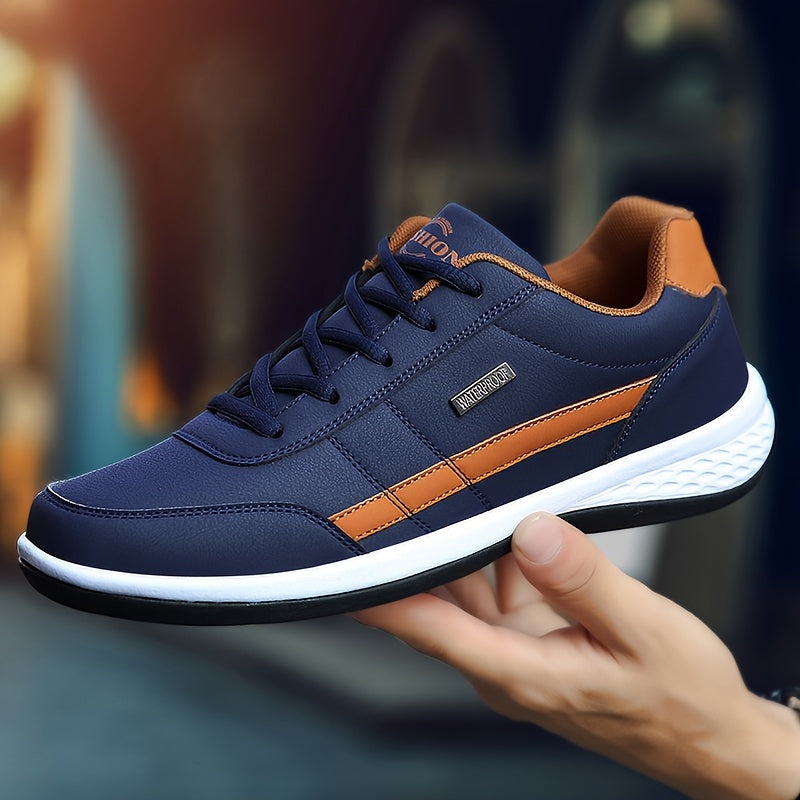 Men's road running shoes in navy blue with orange accents, lace-up style, featuring fabric lining, PU upper, EVA insole, and MD sole for durability and comfort, suitable for casual attire.