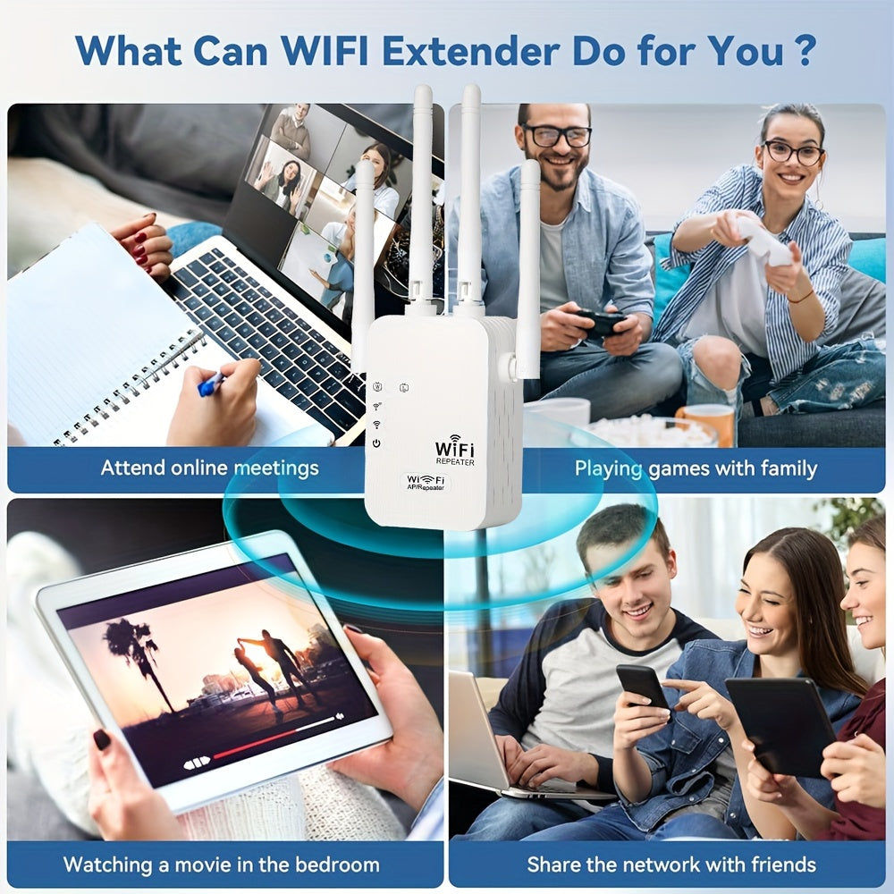 Momotor-Wifi Extender enhances WIFI signal with 2.4G band and 4 antennas. Easy setup, includes Ethernet port. Ideal for home, office, and coffee shops.