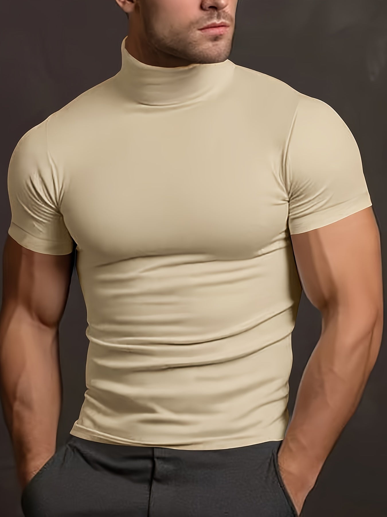 Men's Stretchy short sleeve turtleneck sports T-shirt for summer, casual slim training tops