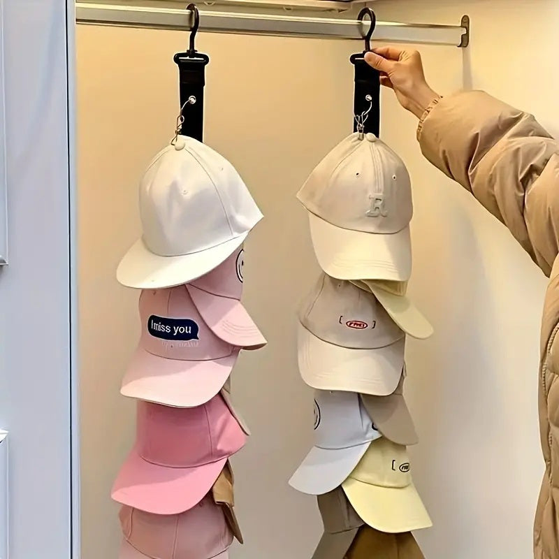 A non-electric hat organizer for your home and wardrobe, this stainless steel hat rack features 8 clips that can hold up to 16 baseball caps.