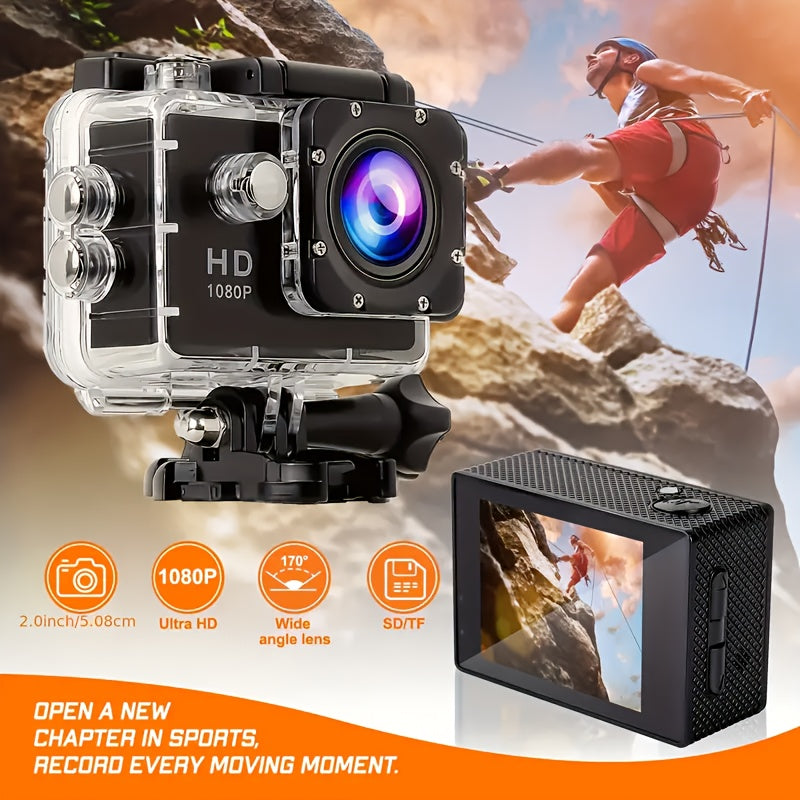 1080P HD action camera with ultra HD recording, 140° wide-angle lens, 5.08cm LCD screen, ideal for outdoor sports. Features automatic exposure, digital stabilization, fisheye lens, and can