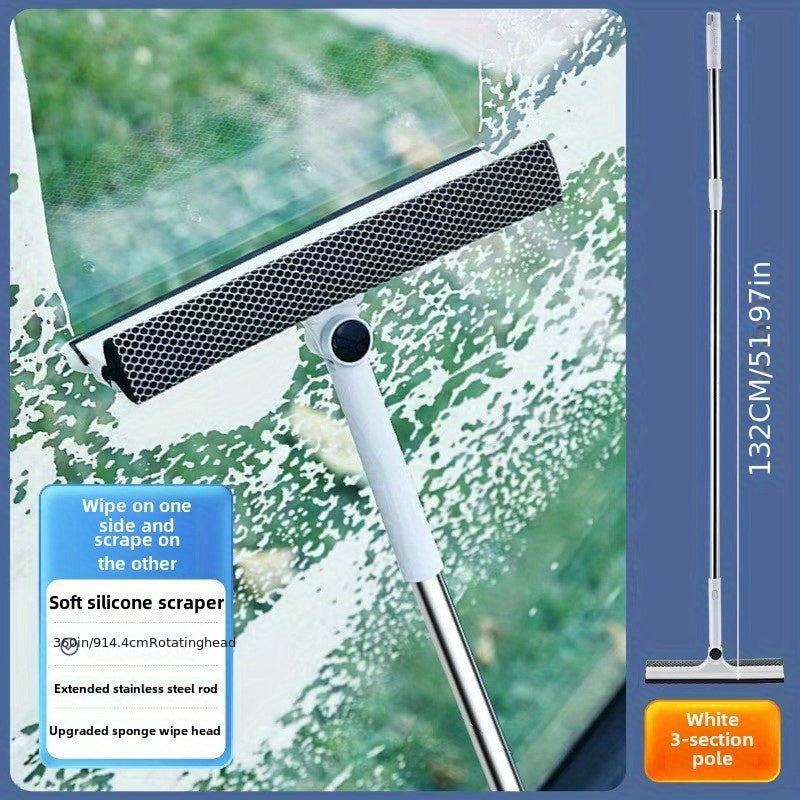 The Versatile Double-Sided Glass Cleaning Tool is a 1pc product with an Extendable Stainless Steel Handle. It features a Soft Silicone Scraper & Sponge Head for Effortless Cleaning of Windows, Kitchens, and Bathrooms. This Window Cleaning Accessory is a