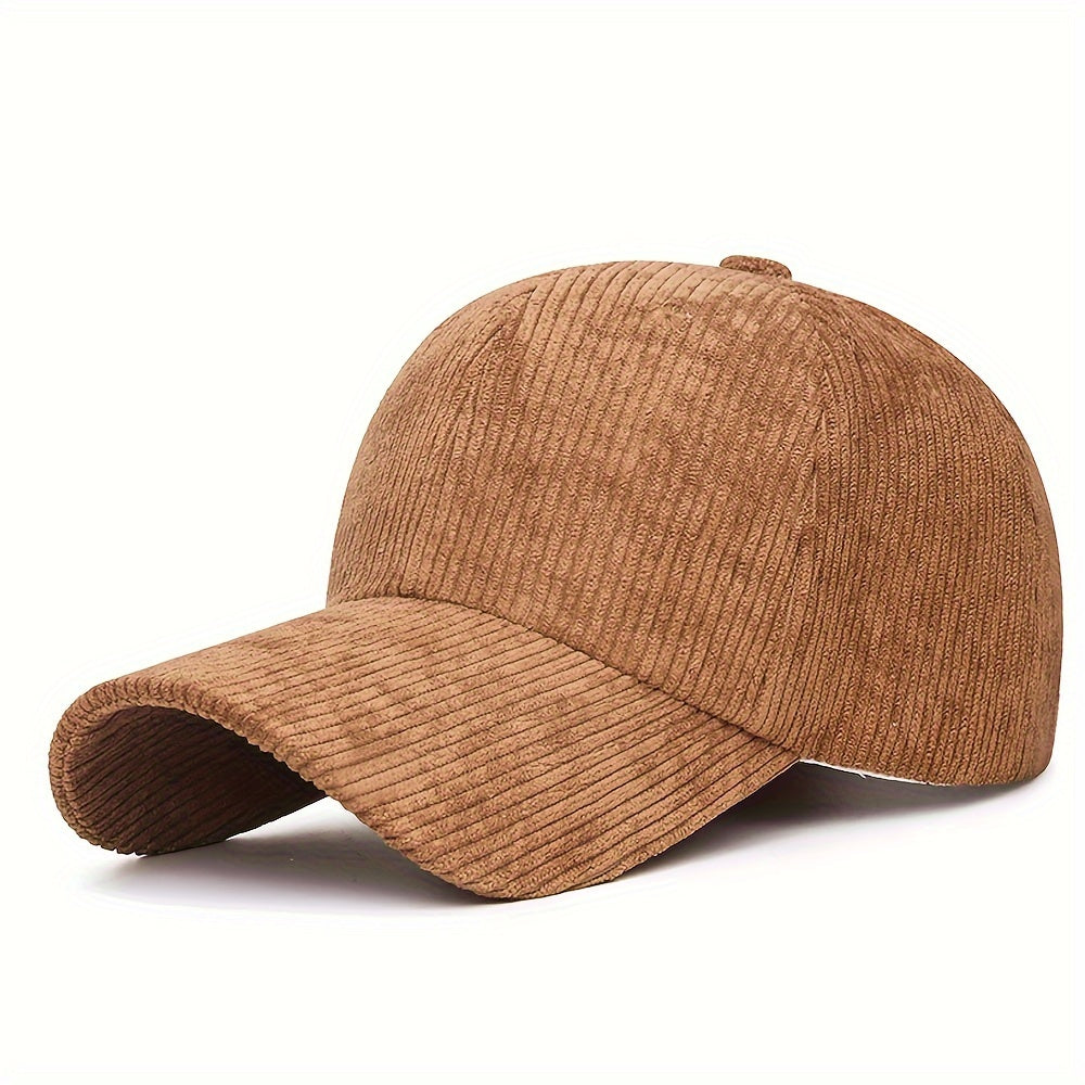 Striped corduroy baseball cap, adjustable snapback, breathable, machine washable, available in multiple colors.