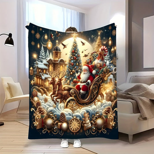 Vintage Style Christmas Santa Sleigh and Tree Flannel Fleece Throw Blanket - Soft, Cozy, Perfect for Sofa, Bed, Office, or Travel - All-Season Multipurpose Gift, Easy to Clean, Durable, Polyester Material, Quilted Design, Lightweight and Warm.