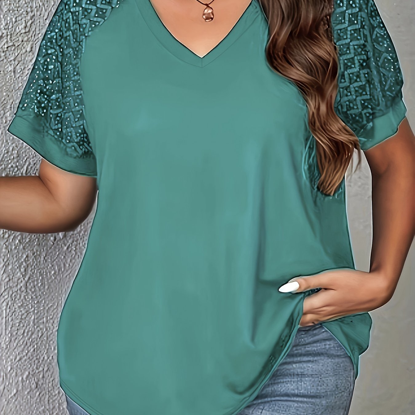 Stylish V-Neck Lace Panel T-Shirt for Women - Solid Color, Polyester Knit, Short Sleeve Casual Top for Spring/Summer