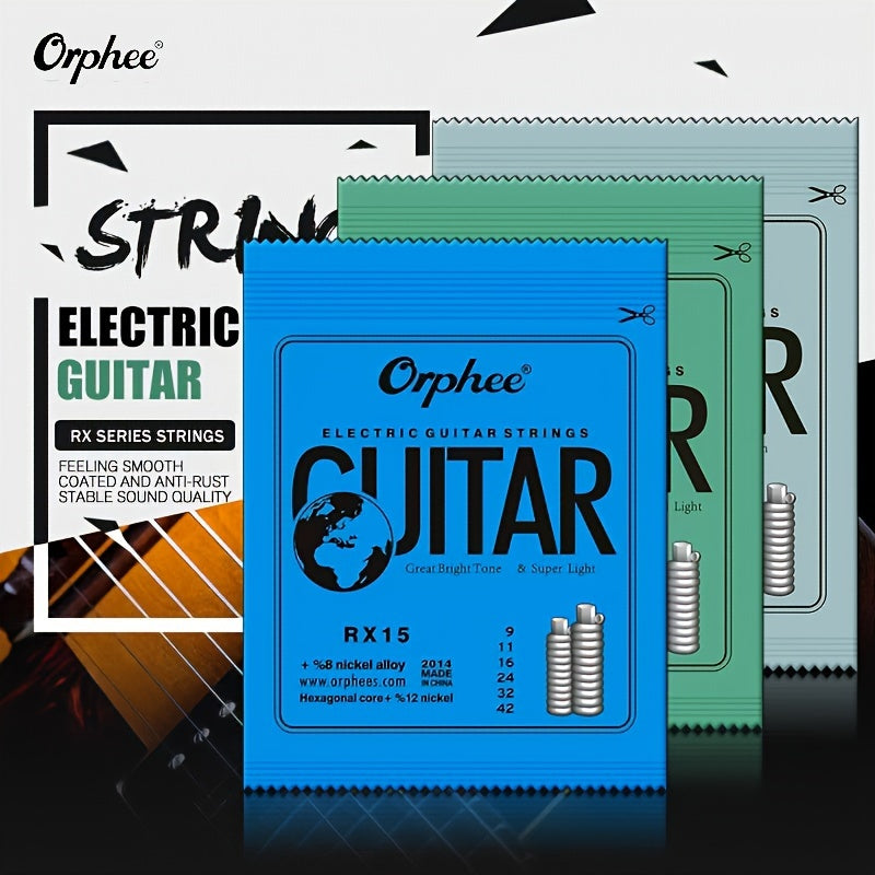 3 Sets of 6 strings each, ranging from 0.23-1.27mm, RX Practice Series hexagonal carbon steel electric guitar strings for 6 string guitars.