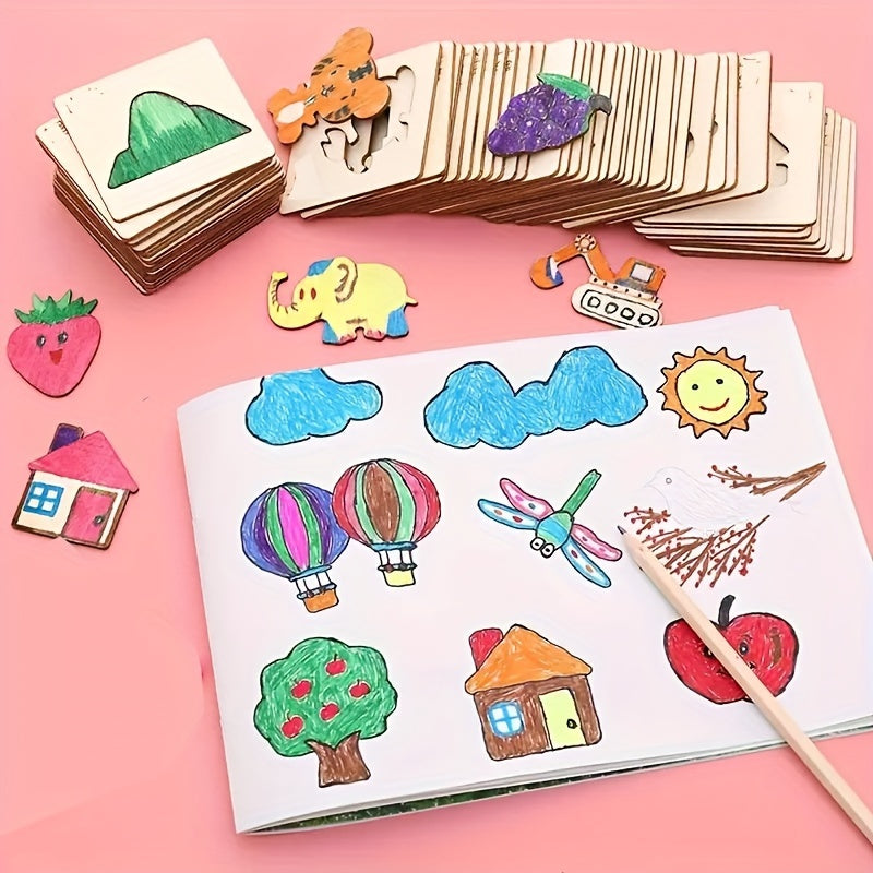 20 wooden stencils for drawing, reusable and in 20 different shapes, ideal for all seasons including winter and New Year. Craft kit for DIY arts and crafts.