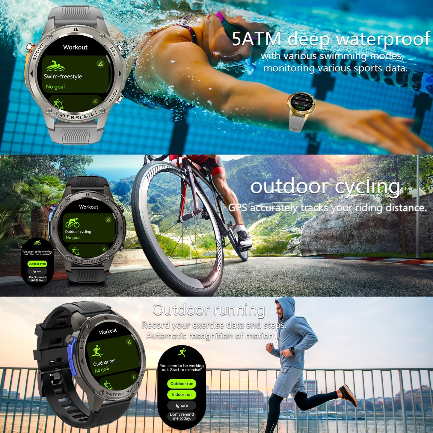 GPS smart watch for outdoor enthusiasts with compass, altitude, swimming, triathlon modes, and 170+ sports modes. Features include automatic motion pattern recognition, ATS3085L chip, and