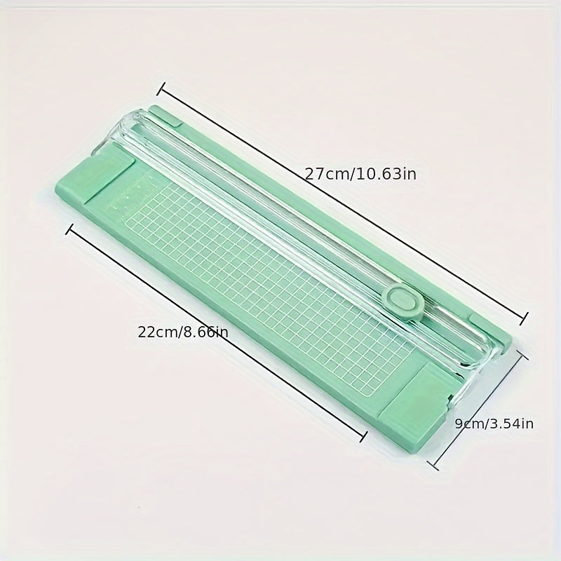 Compact sliding paper cutter for A4 paper, photos, copy paper, and stationery. Dual-direction design with measuring ruler. Available in bright pink, purple, green, blue, and black. Compact