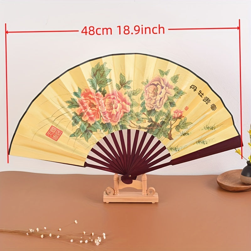 Ancient Style Chinese Fan with Exquisite Peony Plum Eight Jun Picture, 8-Inch Folding Fan