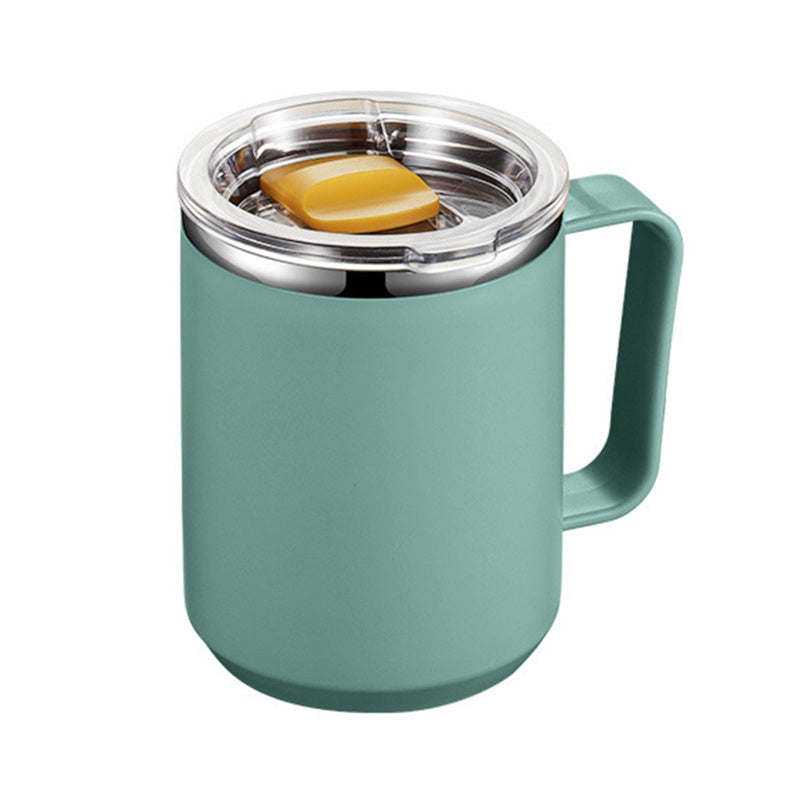 Insulated stainless steel coffee mug with handle and lid for office, outdoor, and school use.