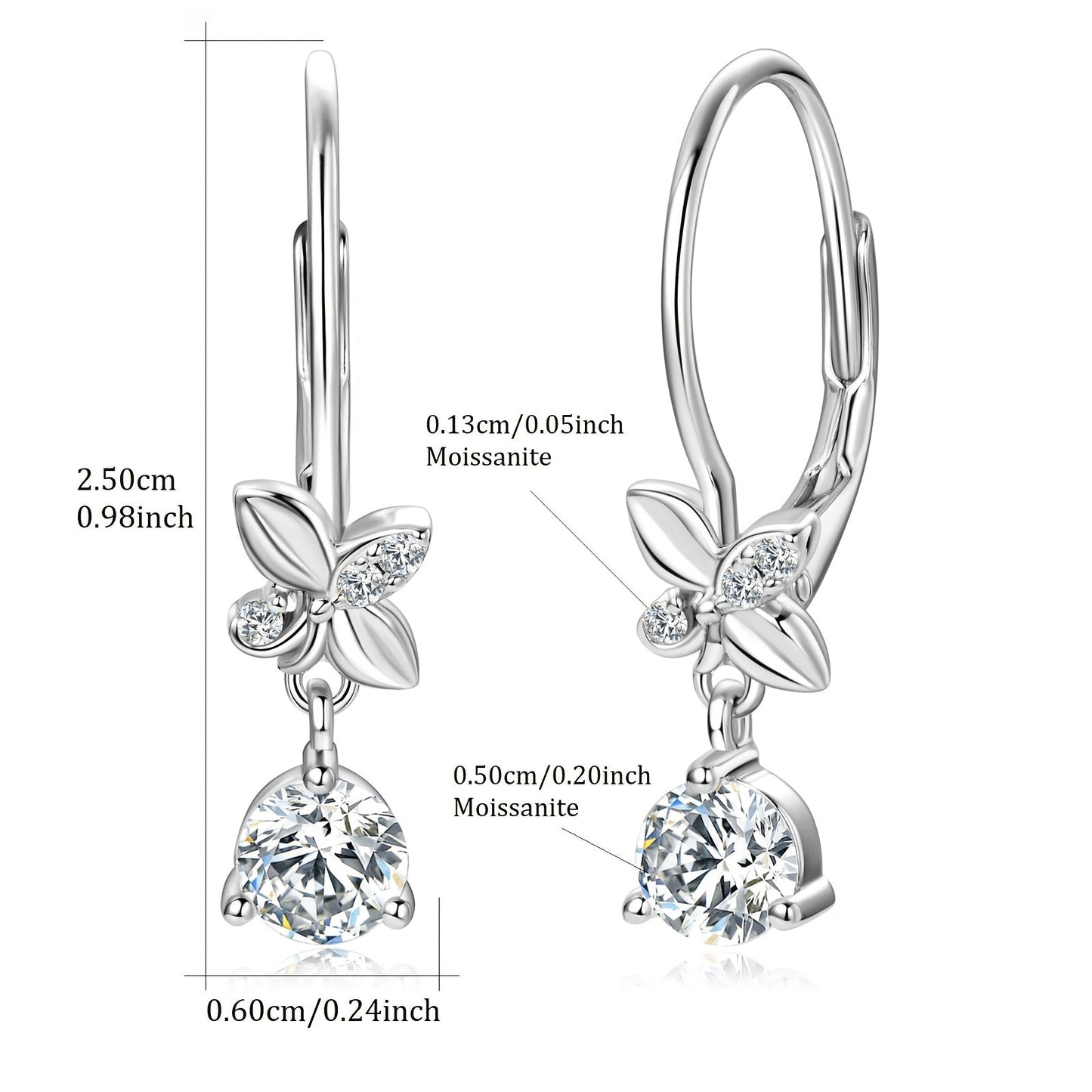 These 925 Silver earrings feature a pair of Moissanite stones, with measurements of 5mm x 2pcs and 1.3mm x 6pcs. The total carat weight is 0.53ct x 2pcs, making for a stunning and stylish pair of dangle earrings. These round synthetic Moissanite earrings