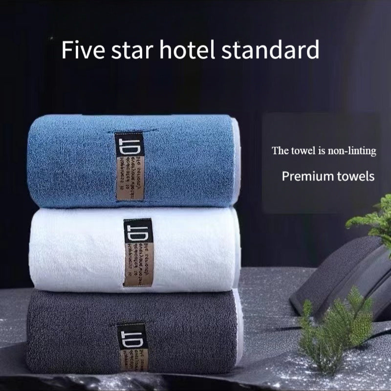 Set of 3 large microfiber bathroom face towels in blue, white, and dark teal with "D" label. Ultra-soft, super absorbent, quick-dry, low-lint, and five-star hotel grade.