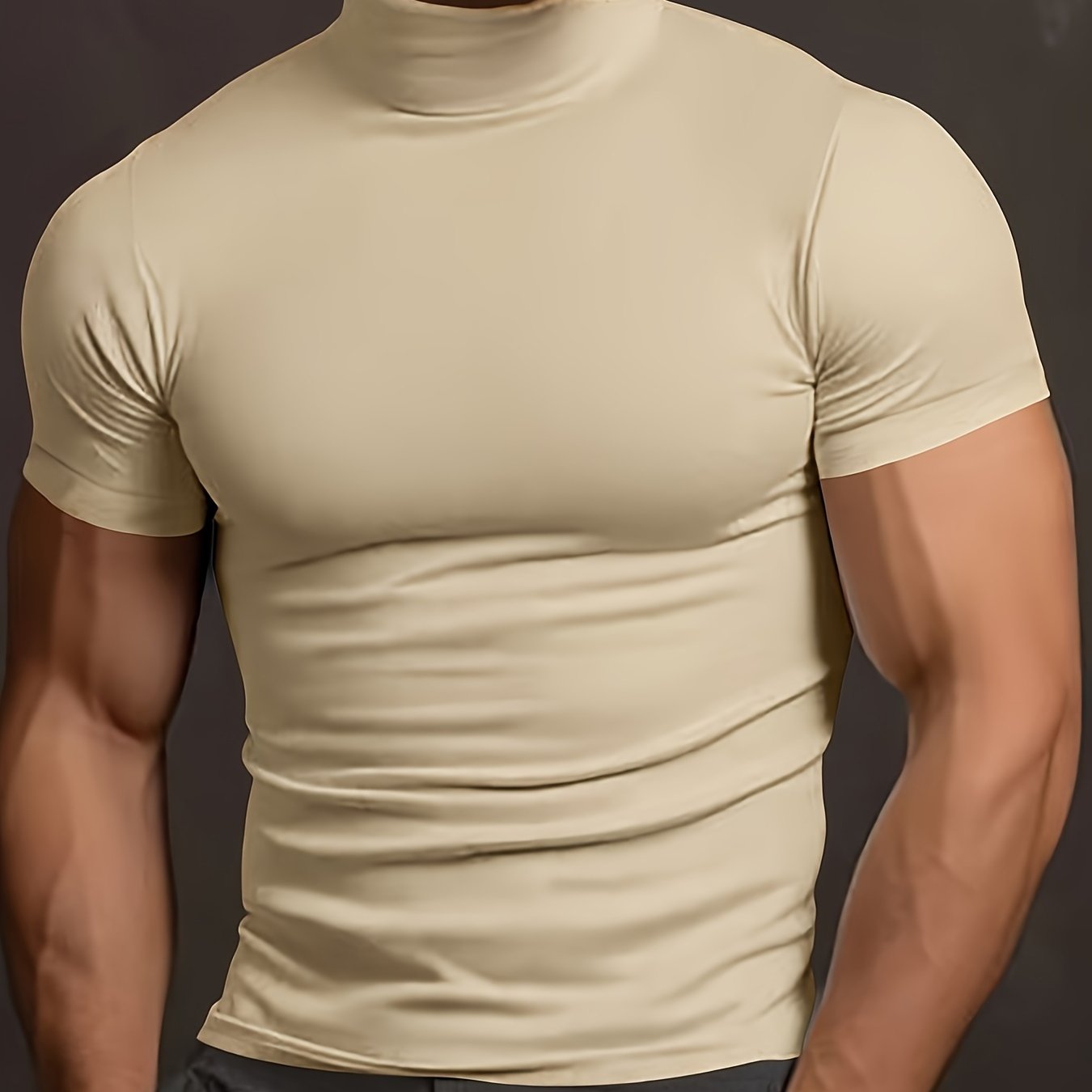 Men's Stretchy short sleeve turtleneck sports T-shirt for summer, casual slim training tops