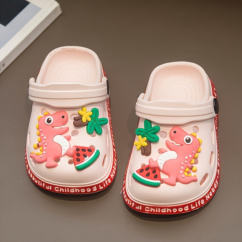 Children's adorable dinosaur clog sandals for breathability and quick-drying, ideal for beach, water activities, and casual wear.