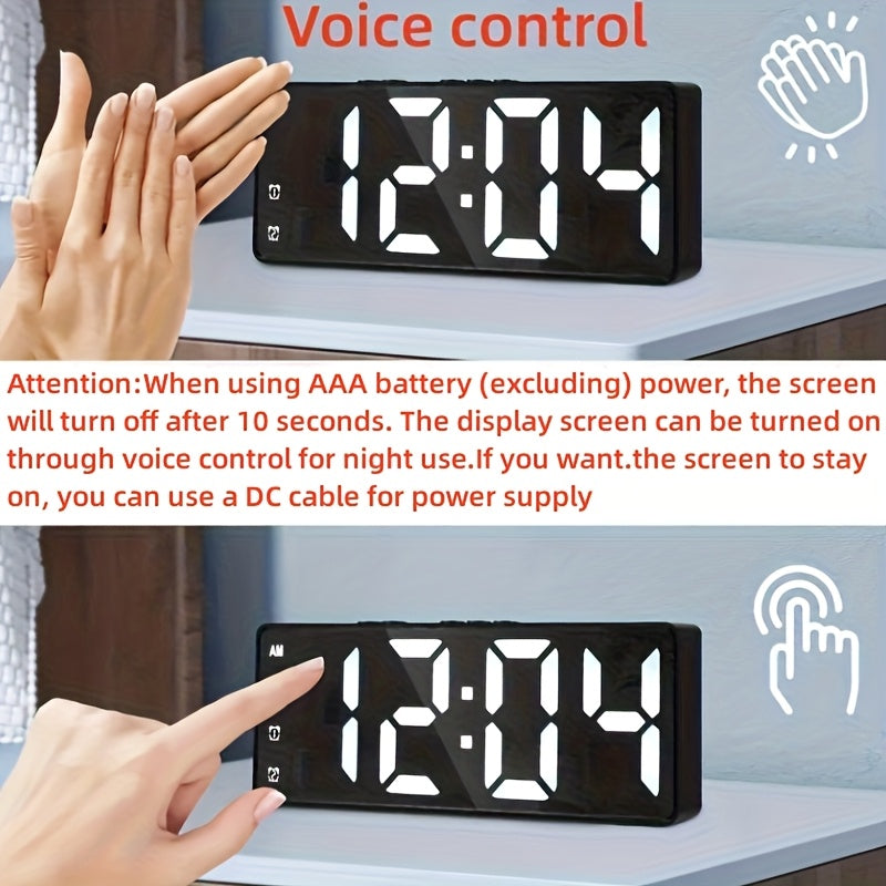 Digital LED alarm clock with temperature display, 12/24 hours, snooze mode, USB or AAA power supply, for bedroom and living room use.