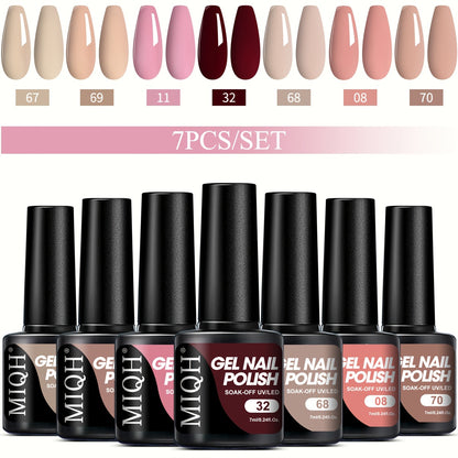 7-piece gel nail polish set in black, white, and nude shades. Semi-permanent, soak off UV/LED varnish. Unscented for hands, feet, and nails.